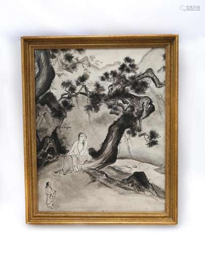 A CHINESE INK AND COLOR ON PAPER HANGING FRAMED PAINTING .H0...