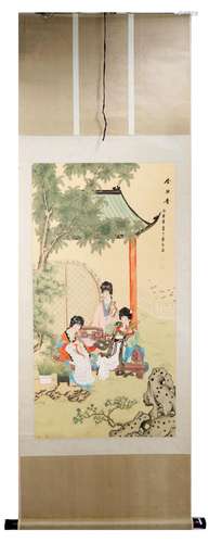 SIGNED LUO HE. A INK AND COLOR ON SILK HANGING SCROLL PAINTI...