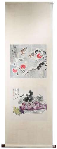 SIGNED WU QINGLU.A INK AND COLOR ON PAPER HANGING SCROLL PAI...