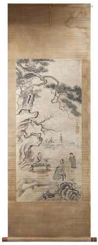 SIGNED WU XIZAI (1799-1870).A INK AND COLOR ON PAPER HANGING...