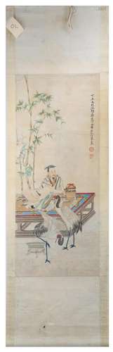 SIGNED RENG ZHONG. A INK AND COLOR ON PAPER HANGING SCROLL P...