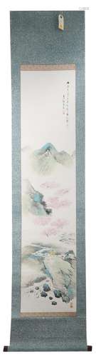 A INK AND COLOR ON PAPER HANGING SCROLL PAINTING. H214.