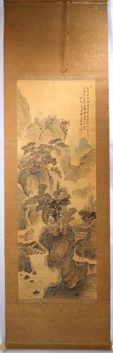 SIGNED TIAN ?. A INK AND COLOR ON SILK HANGING SCROLL PAINTI...