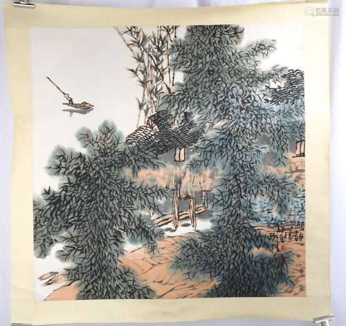 SIGNED HUANG GESHENG(1950-).A INK AND COLOR ON PAPER HANGING...