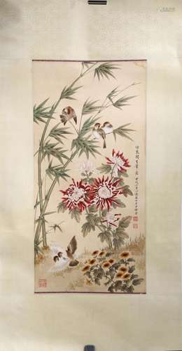 SIGNED XIU BANGDA (1911-2012). A INK AND COLOR ON PAPER HANG...