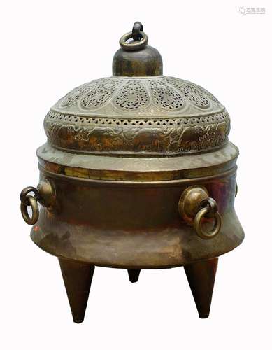 ASIAN PIERCED BRASS HIBACHI WITH ELEPHANT DECORATION.