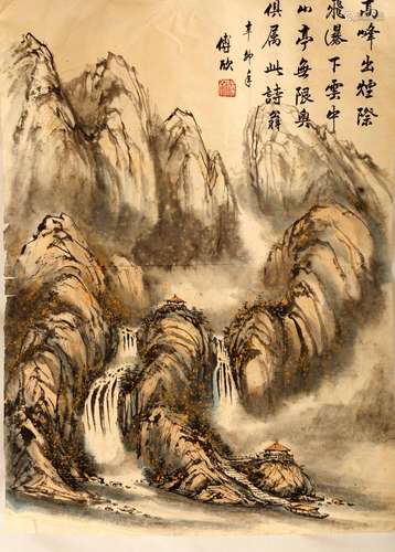 SIGNED FU XIN (1947 - ).A INK AND COLOR ON PAPER HANGING PAI...