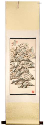 SIGNED HU BAOQI (1901-1993).A INK AND COLOR ON PAPER HANGING...