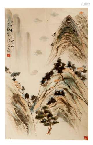 SIGNED LU YUANDING (1908-1998).A INK AND COLOR ON PAPER HANG...