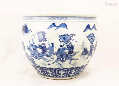 A QING DYNASTY BLUE AND WHITE ARMED HORSEBACK FIGURE PORCELA...