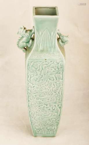 A GREEN GLAZE CARVED DRAGON AND PHOENIX PORCELAIN SQUARE VAS...