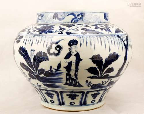 A YUAN DYNASTY STYLE BLUE AND WHITE PORCELAIN JAR PAINTED WI...