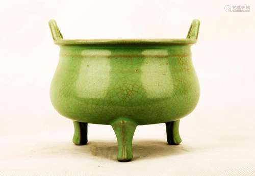 A GUAN-STYLE CELADON DING-FORM TRIPOD CENSER. THE BASE CARVE...