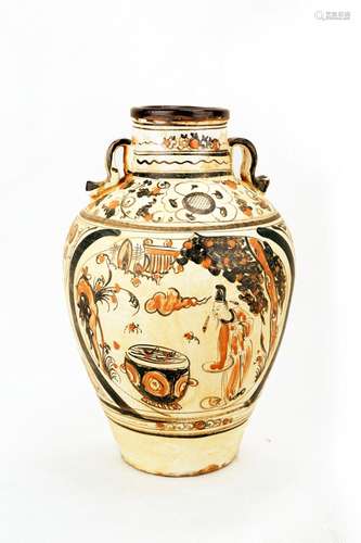 A CIZHOU YELLOW GLAZED PORCELAIN VASE PAINTED WITH FIGURES.C...