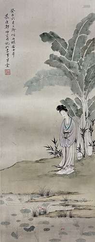 郑师玄 芭蕉仕女 立轴 纸本