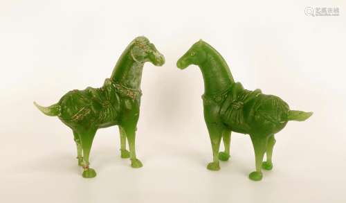 (2) A PAIR OF TANG DYNASTY STYLE GREEN COLOURED GLAZE HORSES...