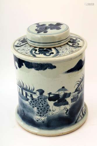 A BLUE AND WHITE FIGURE COLUMN JAR AND COVER.