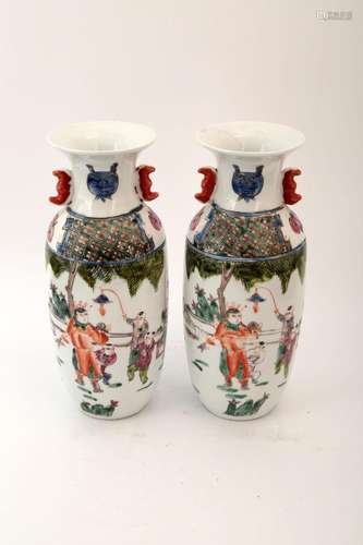 (2) A FAMILLE ROSE CHILDREN PLAY VASE.