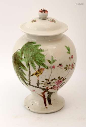 A FAMILLE ROSE FLOWERS AND BIRDS JAR AND COVER