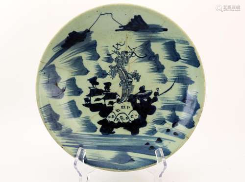 A BLUE AND WHITE LANDSCAPE DISH