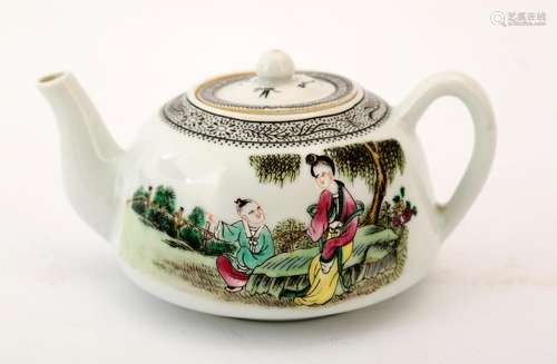 A SMALL FAMILLE ROSE FIGURE TEAPOT. YA YU TANG ZHI FOUR-CHAR...