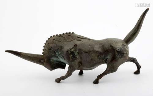 A CHINESE BRONZE BRAVEBULL SCULPTURE.