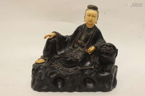 Chinese Zitan Wood Carved Guanyin w Carved Bone Fa