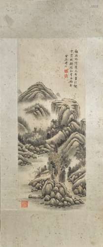Chinese Ink Color Scroll Painting w Calligraphy