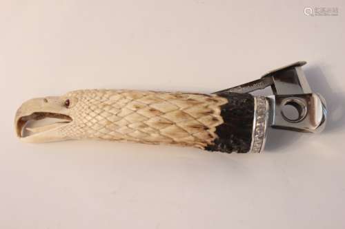 Hand Carved Horn Eagle Cigar Cutter w Rubby Eye