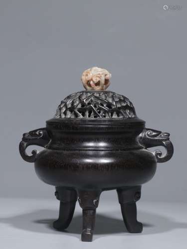 Chinese Zitan Wood Tripod Censer w Soapstone Finia