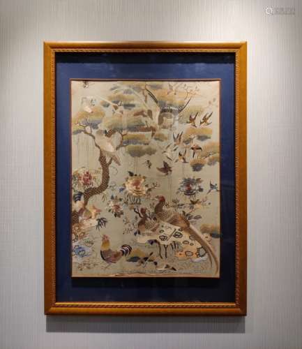 Chinese Silk Painting, Birds and Tree