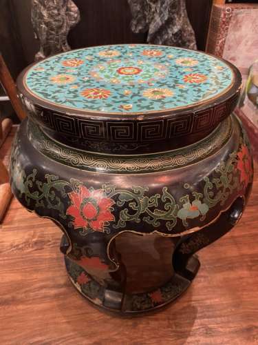 Chinese Lacquer Wood Stand w Cloisonne Top