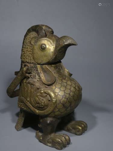 Chinese Gilt Bronze Vessel, Owl Pattern Shape