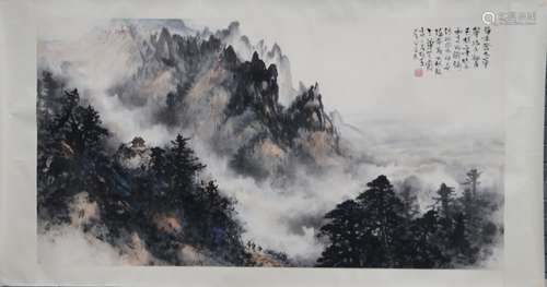 Chinese Ink Color Scroll Painting w Calligraphy