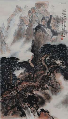 Chinese Ink Color Scroll Painting w Calligraphy