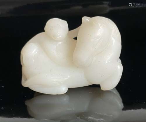 Chinese White Jade Carved Moneky and Horse