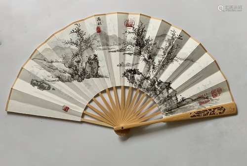 Chinese Ink Color Fan Painting w Calligraphy