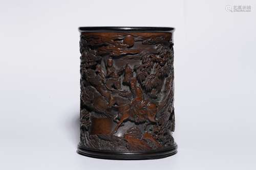 Chinese Bamboo Carved Brushpot w Red Seal