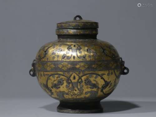 Chinese Gilt Bronze Lid Jar,silver Inlaid