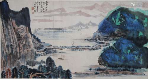 Chinese Ink Color Landscape Painting w Calligraphy