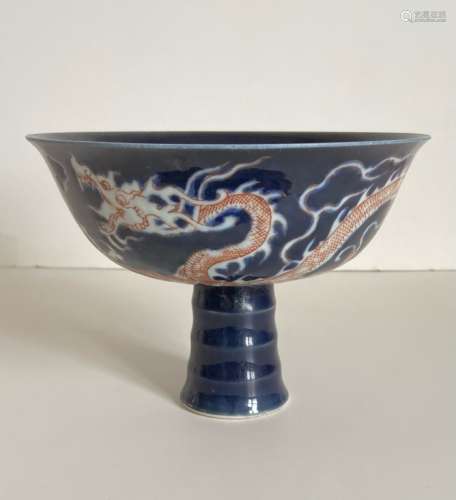 Blue stem bowl with red dragon
