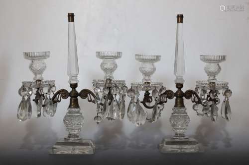 Pair of 2 Lights Crystal and Bronze Candelabra