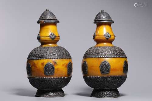 Pair of Chinese Amber Cover Vase,Silver Mount