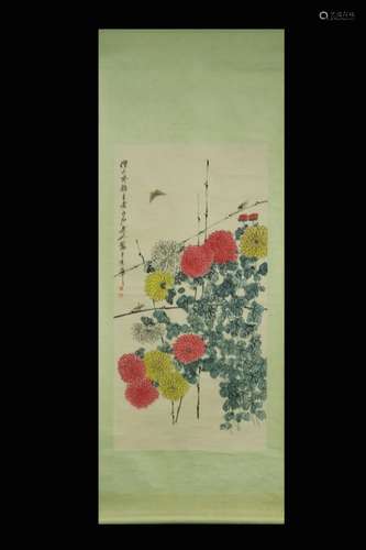 Chinese Ink Color Scroll Painting w Calligraphy