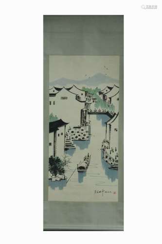 Chinese Ink Color Scroll Painting w Calligraphy