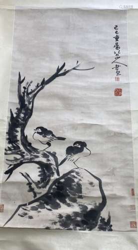 An ink painting of flowers and birds