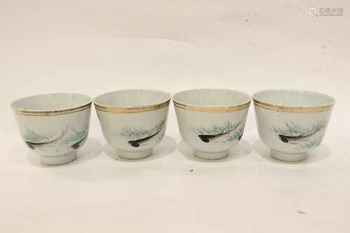 Four Chinese Famille Rose Porcelain Cups w Calligr