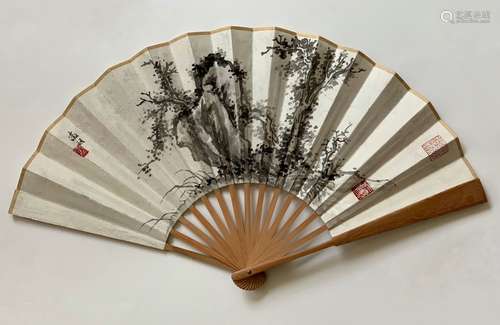 Chinese Ink Color Fan Painting w Calligraphy