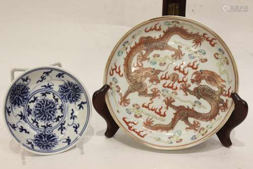 Two Chinese Blue and White Copper Red Plates