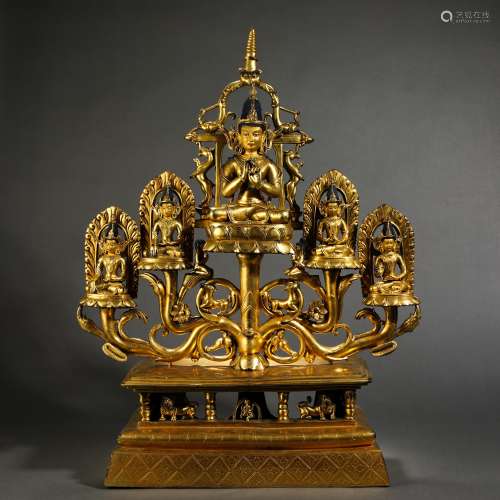 Qing Dynasty Gilt Bronze Five-sided Buddha Statue